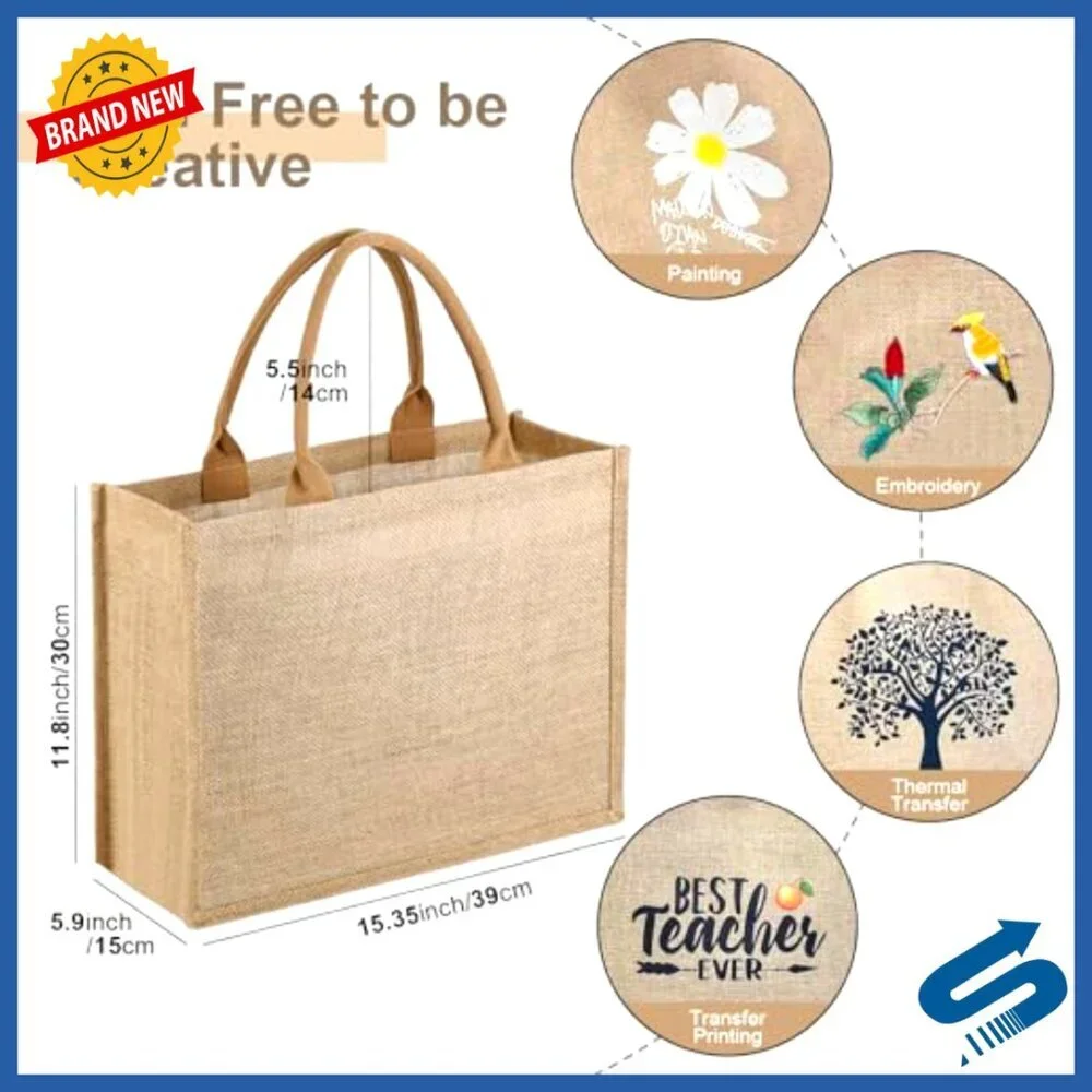 Reusable Jute Tote Bags Natural Burlap Large Capacity Grocery Shopping Travel